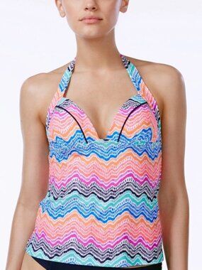 Island Escape Womens La Cinque Terre Glam Print Halter Tankini Top Multi 10 NWT